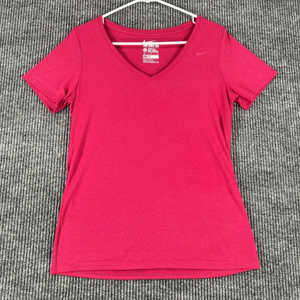 Nike Dri Fit Womens Shirt Medium Pink Short Sleeve‎ V Neck Activewear Athletic